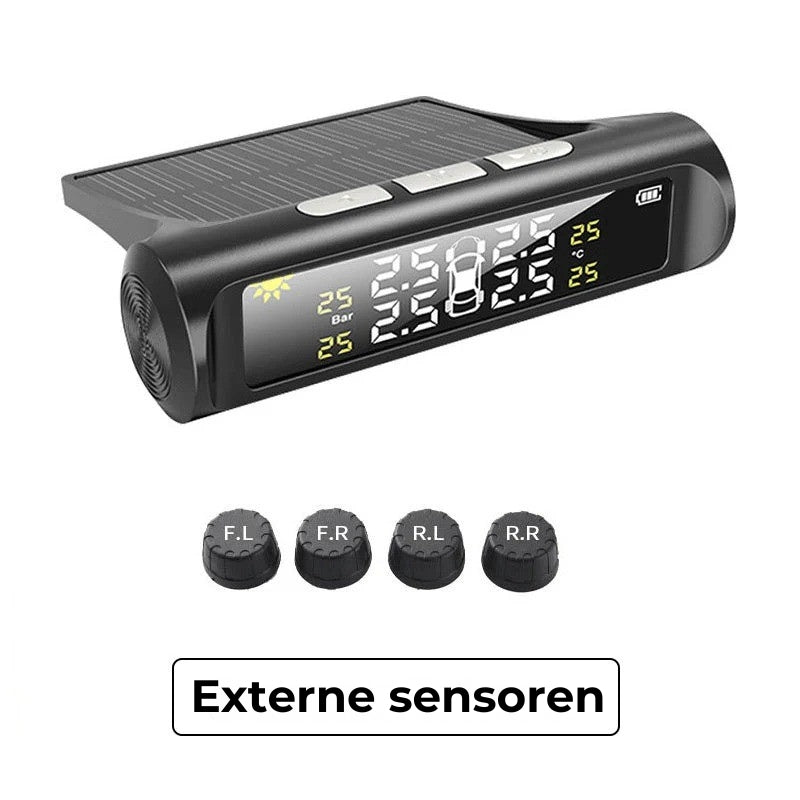 Zonne-energie aangedreven 4-wiel bandenspanningsmeter met realtime weergave