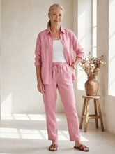 Heidi | Leinen-Set mit Hemd und schmaler Hose – Rosé – Ansicht 01
