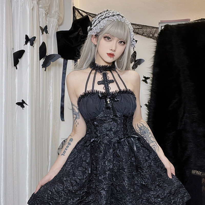 Design Sense Pleated New Dress Cross Hanging Neck Solid Color Fluffy Skirt for Women