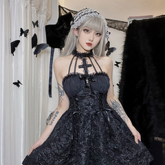 Design Sense Pleated New Dress Cross Hanging Neck Solid Color Fluffy Skirt for Women