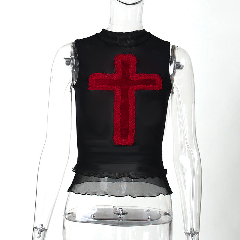Vintage Cross Breathable Lace Tank Top Dark Style Gothic Sexy Slimming Punk Vest
