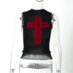 Vintage Cross Breathable Lace Tank Top Dark Style Gothic Sexy Slimming Punk Vest