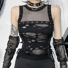 Sexy Slightly Transparent Spicy Tank Top Dark Style Punk Trendy Ripped Mesh Fabric Vest