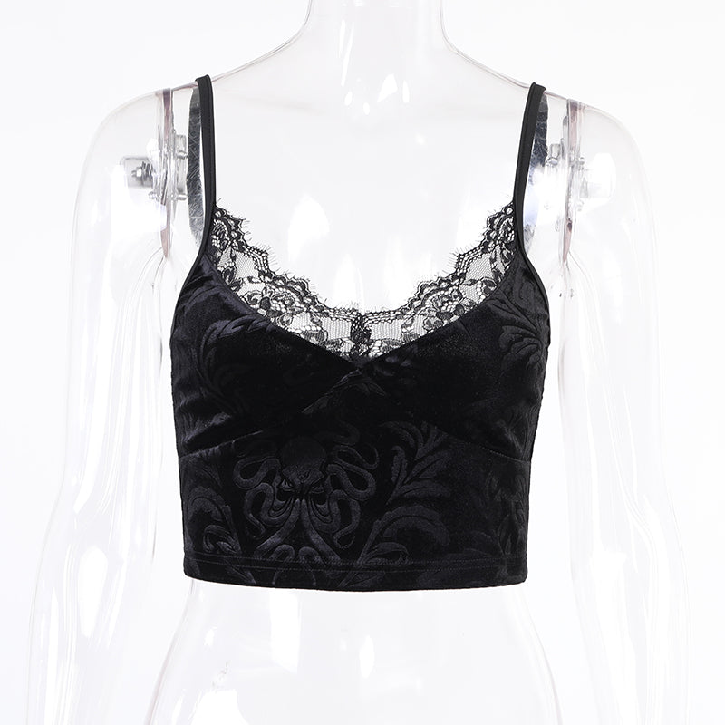 Dark Halloween Style Lace Tank Top Punk Navel Print Sexy Backless Streetwear Y2K Camisole