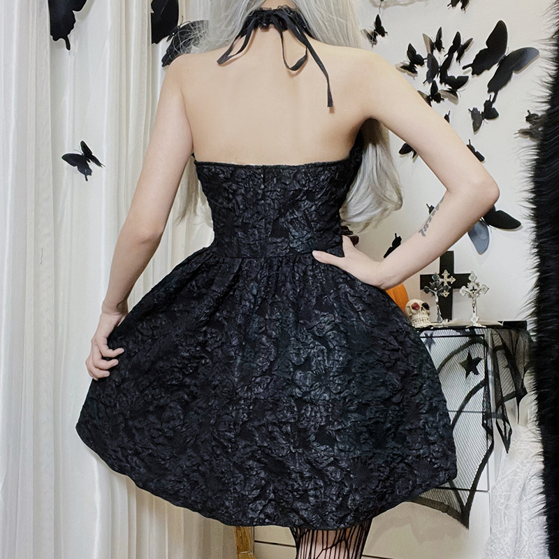 Design Sense Pleated New Dress Cross Hanging Neck Solid Color Fluffy Skirt for Women