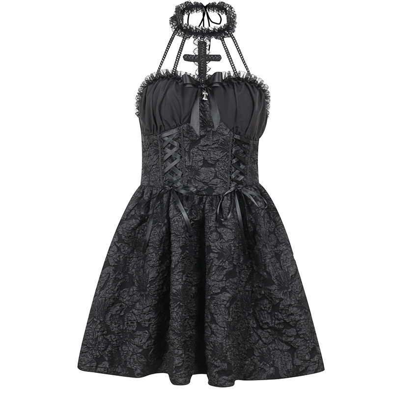 Design Sense Pleated New Dress Cross Hanging Neck Solid Color Fluffy Skirt for Women