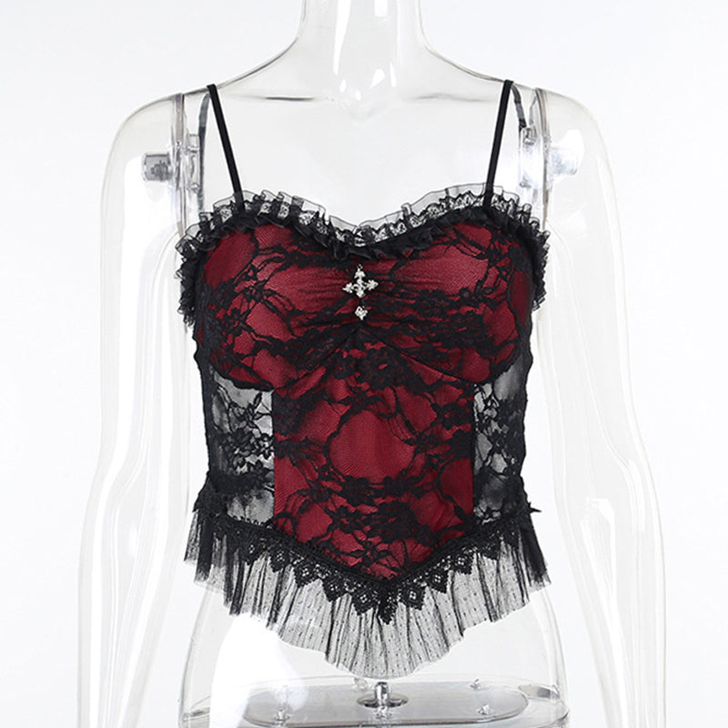 Dark Halloween Style Lace Tank Top Punk Navel Print Sexy Backless Streetwear Y2K Camisole