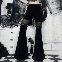 Dark Mesh Spliced Flared Pants Slim Fit and Slimming High Waisted Casual Pants