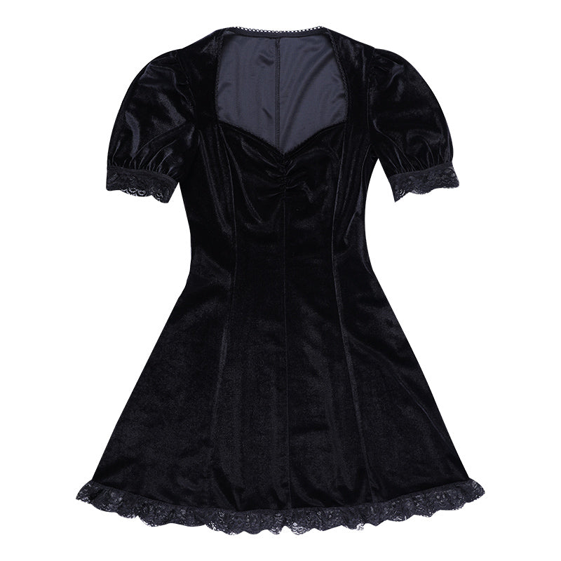 Suede Square Neck Lace Edge Bubble Sleeve Dress New Solid Color Short Skirt