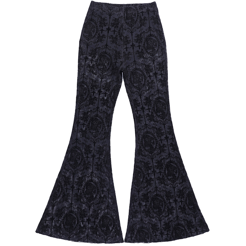 Dark Sexy Slim Fit Flared Pants with Printed Lace High Waisted Pants