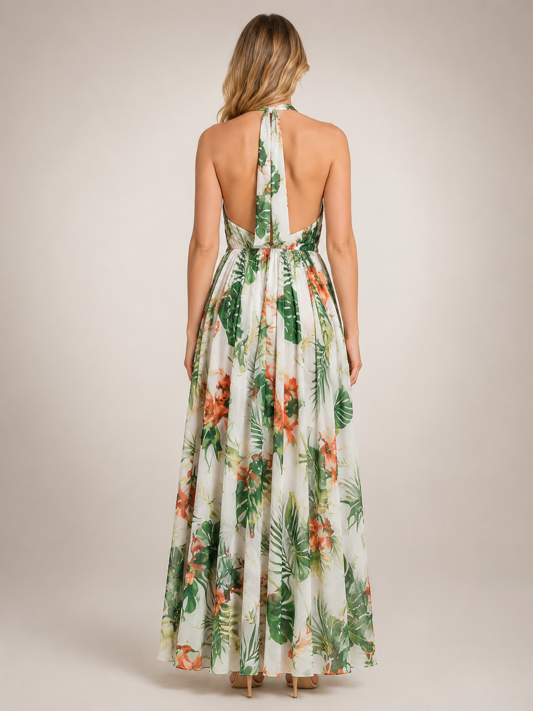 Rosamunde | Boho-Blumendruck Neckholder-Maxikleid