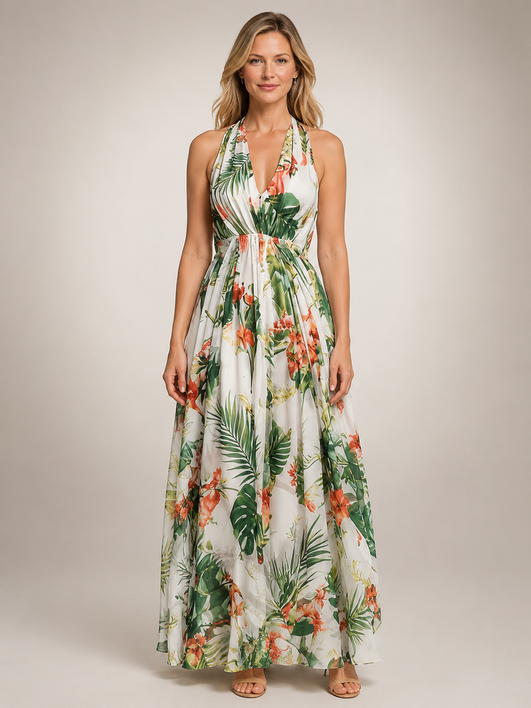 Rosamunde | Boho-Blumendruck Neckholder-Maxikleid