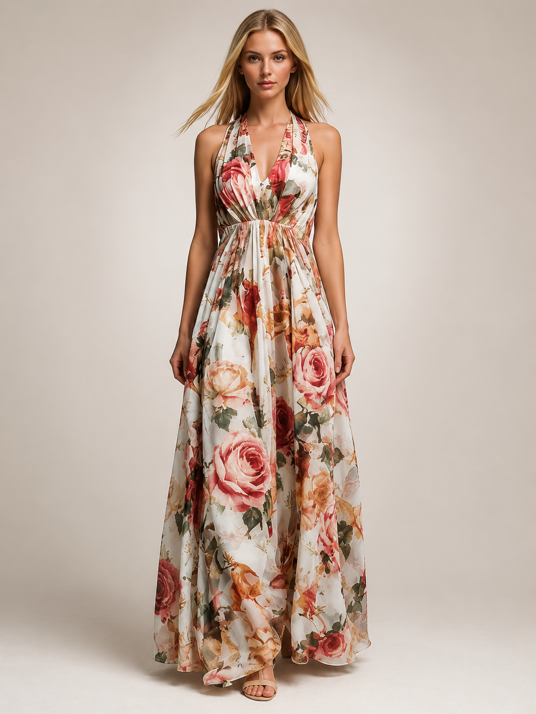 Rosamunde | Boho-Blumendruck Neckholder-Maxikleid