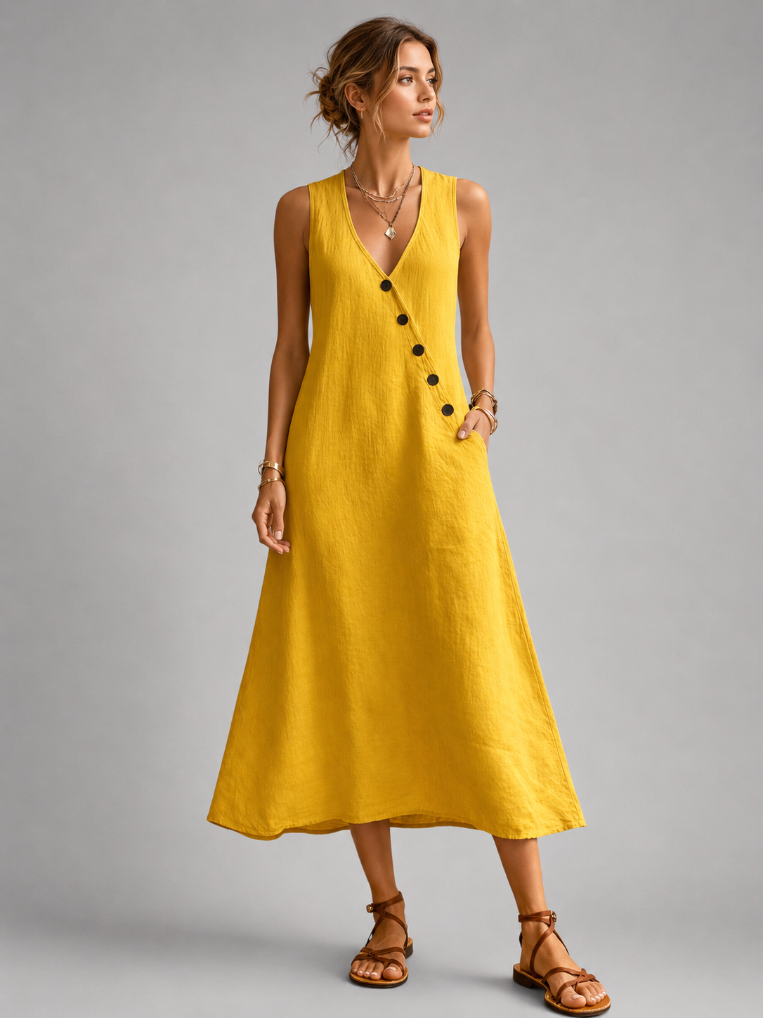 Greta | Maxikleid aus Leinen mit Knopfleiste
