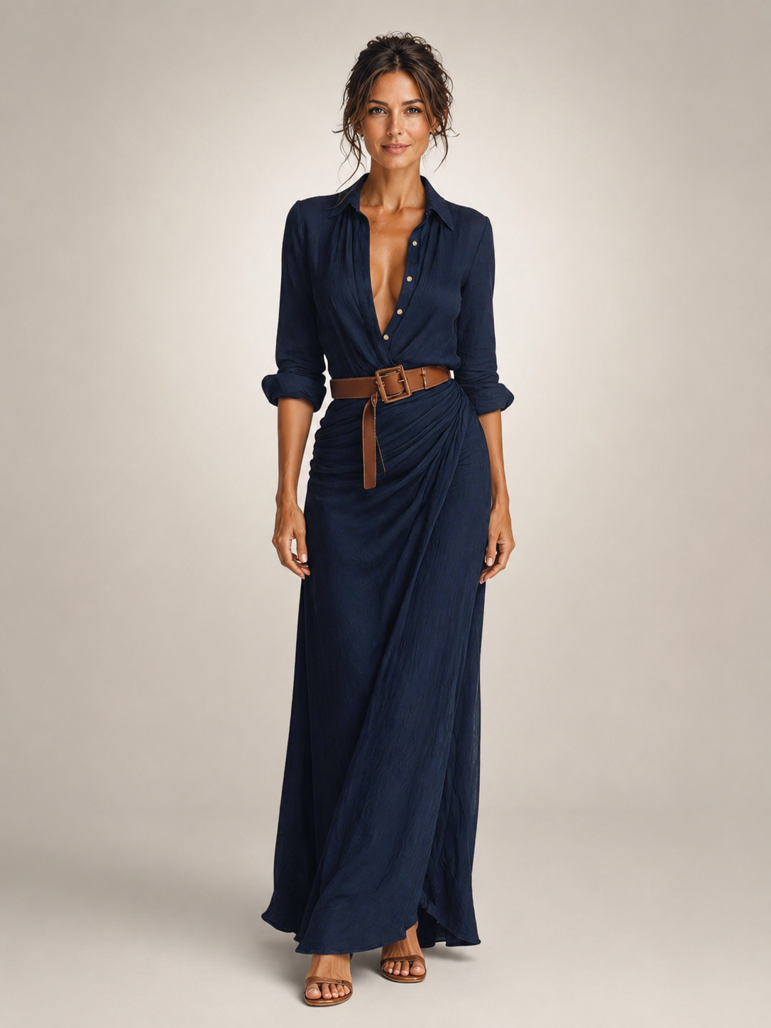 Auguste | Elegantes Maxikleid mit Reverskragen und Gürtel