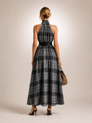 Hedwig | Checked maxi dress with stand-up collar and belt