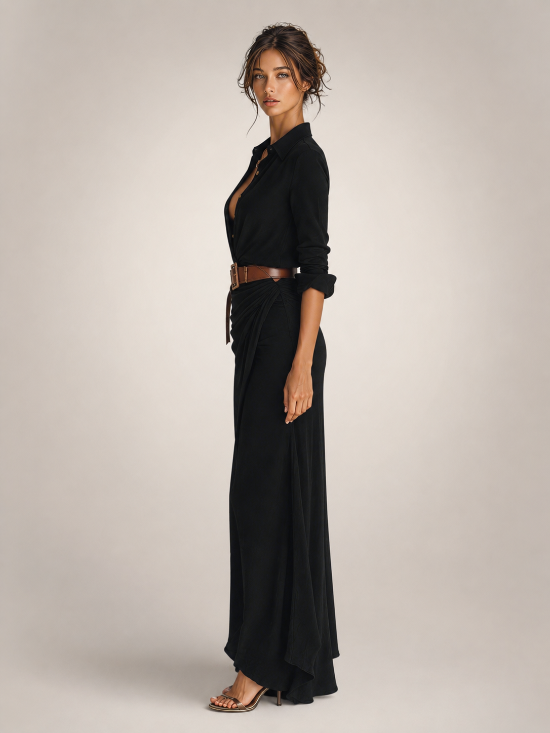 Auguste | Elegantes Maxikleid mit Reverskragen und Gürtel