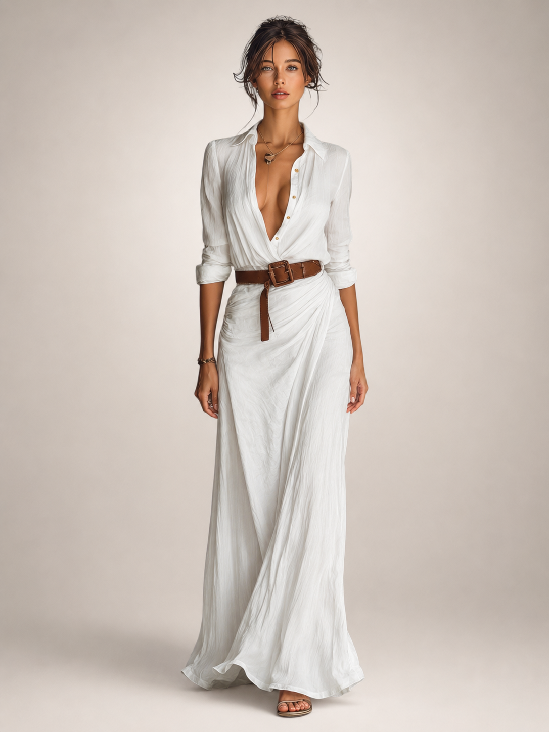 Auguste | Elegantes Maxikleid mit Reverskragen und Gürtel