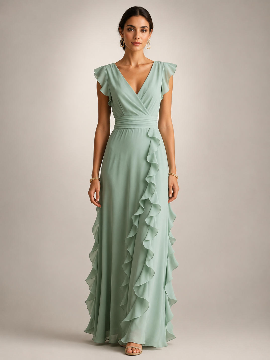 Gerhild | Plissee-Abendkleid mit V-Ausschnitt und kurzen Ärmeln