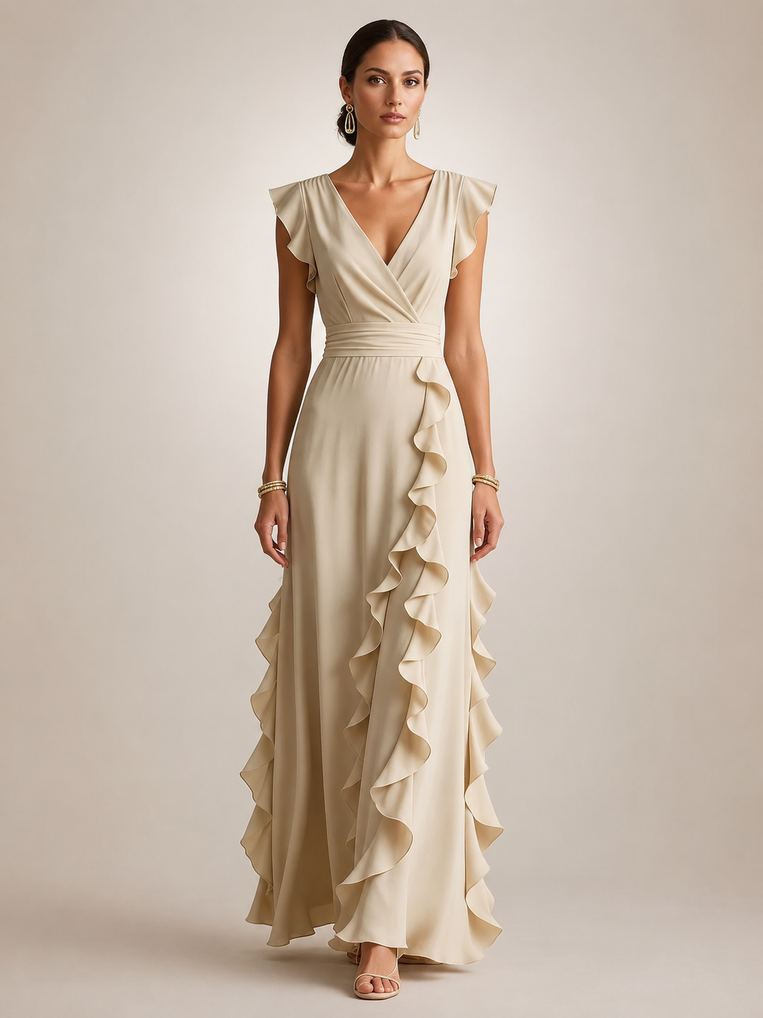 Gerhild | Plissee-Abendkleid mit V-Ausschnitt und kurzen Ärmeln