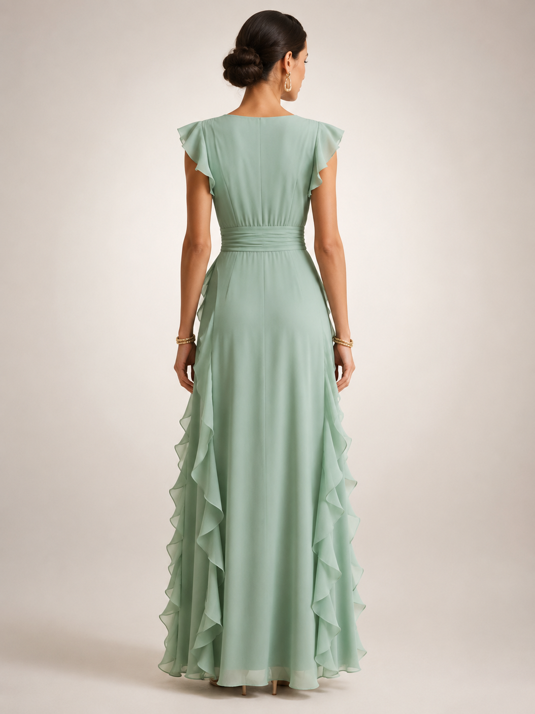 Gerhild | Plissee-Abendkleid mit V-Ausschnitt und kurzen Ärmeln
