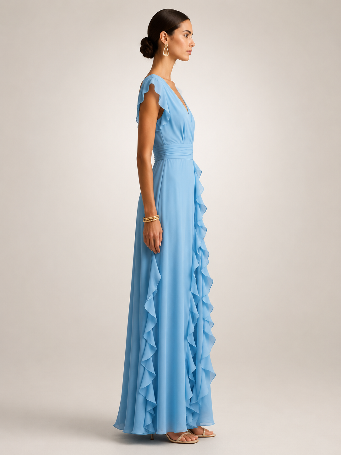 Gerhild | Plissee-Abendkleid mit V-Ausschnitt und kurzen Ärmeln