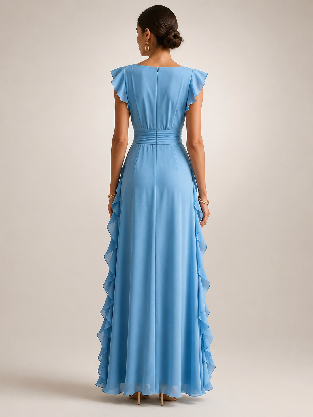 Gerhild | Plissee-Abendkleid mit V-Ausschnitt und kurzen Ärmeln