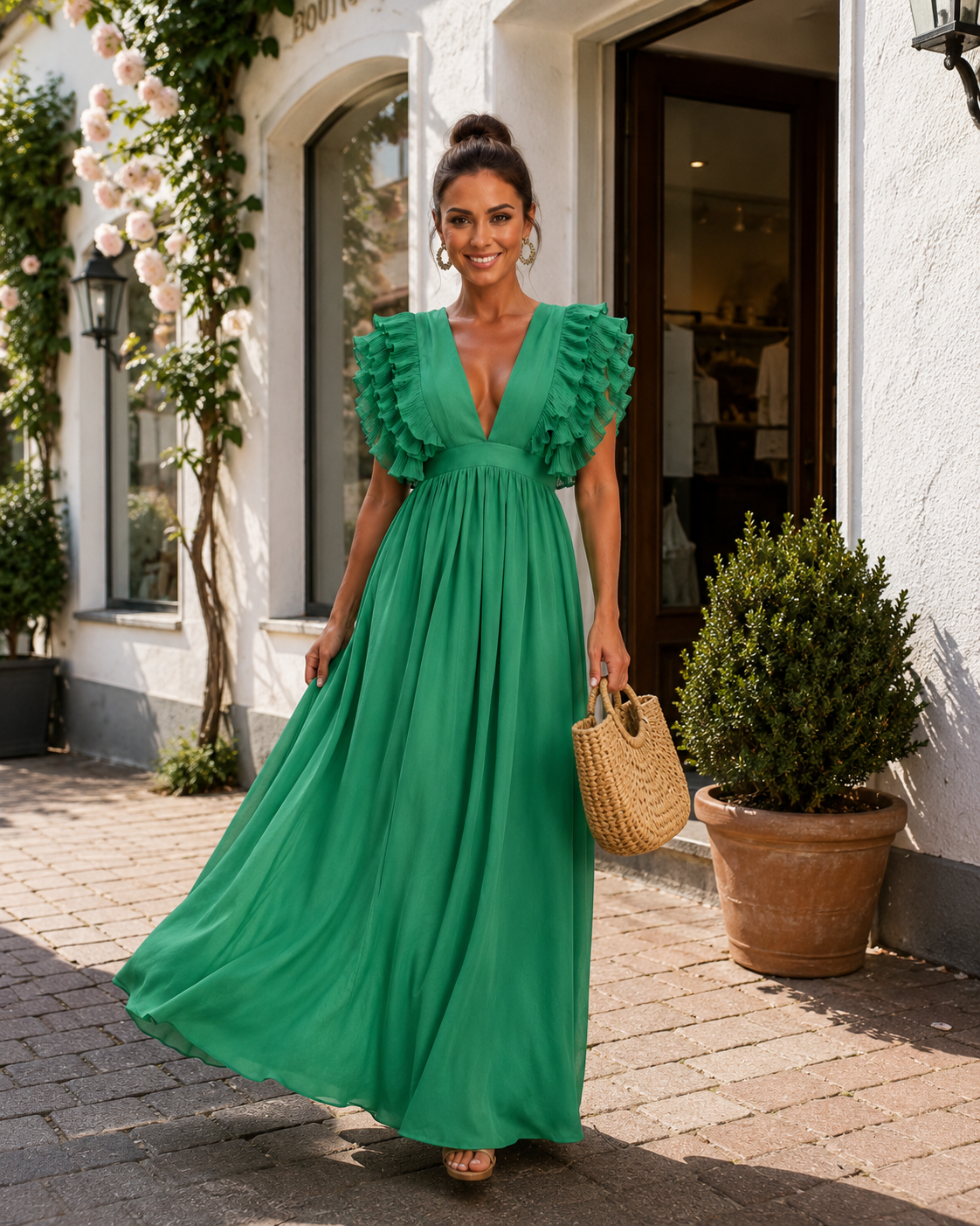 Gerlinde | Backless Maxi Dress with Ruffle Sleeves