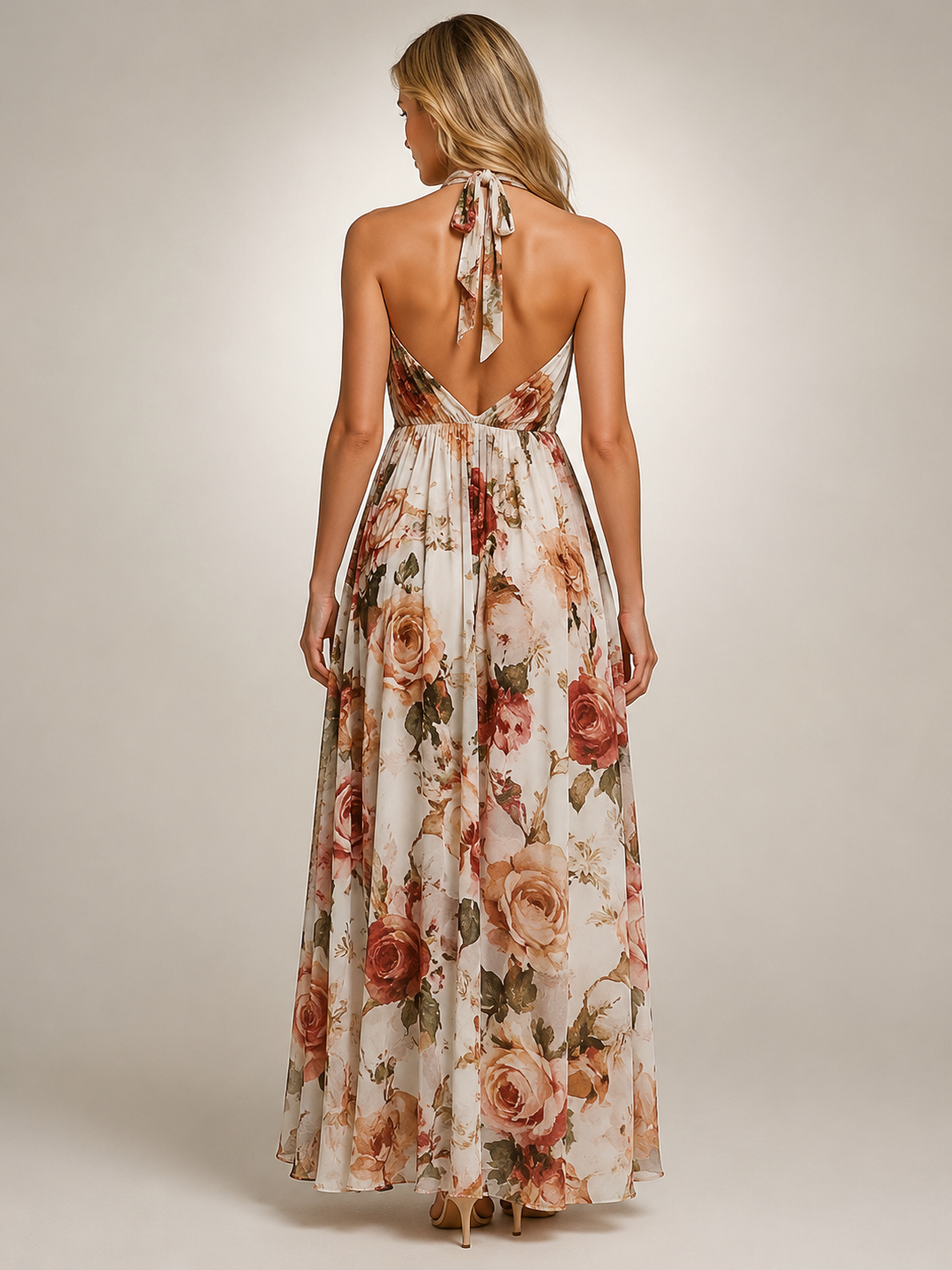 Rosamunde | Boho-Blumendruck Neckholder-Maxikleid