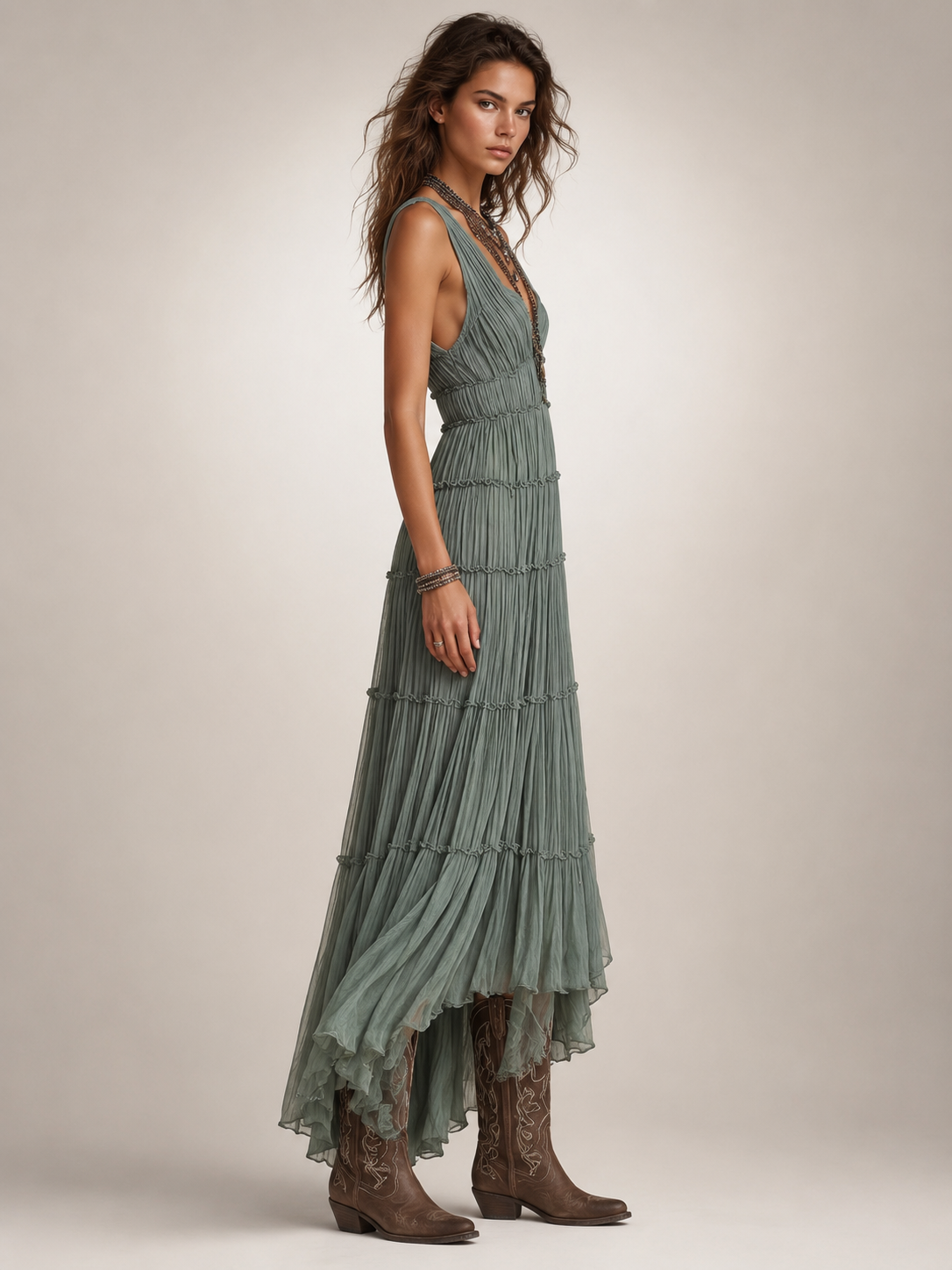 Gundula | Gestuftes Boho-Maxikleid mit V-Ausschnitt