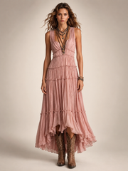 Gundula | Gestuftes Boho-Maxikleid mit V-Ausschnitt