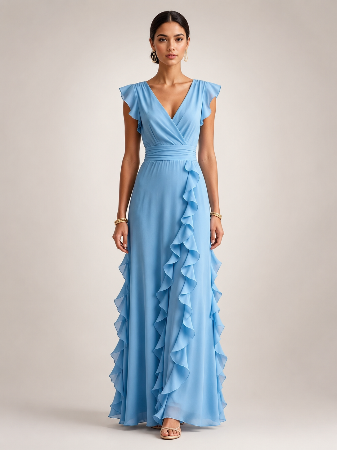 Gerhild | Plissee-Abendkleid mit V-Ausschnitt und kurzen Ärmeln
