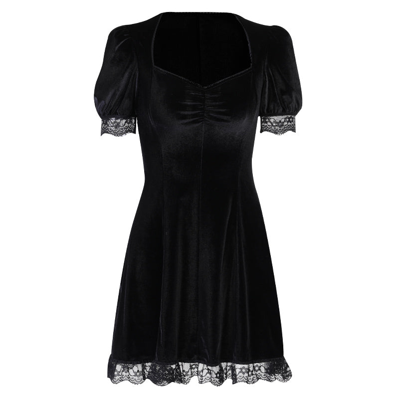 Suede Square Neck Lace Edge Bubble Sleeve Dress New Solid Color Short Skirt