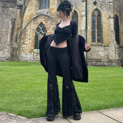 Bohemian Style See Through Flared Pants Beautiful Black Casual Long Leg Pants