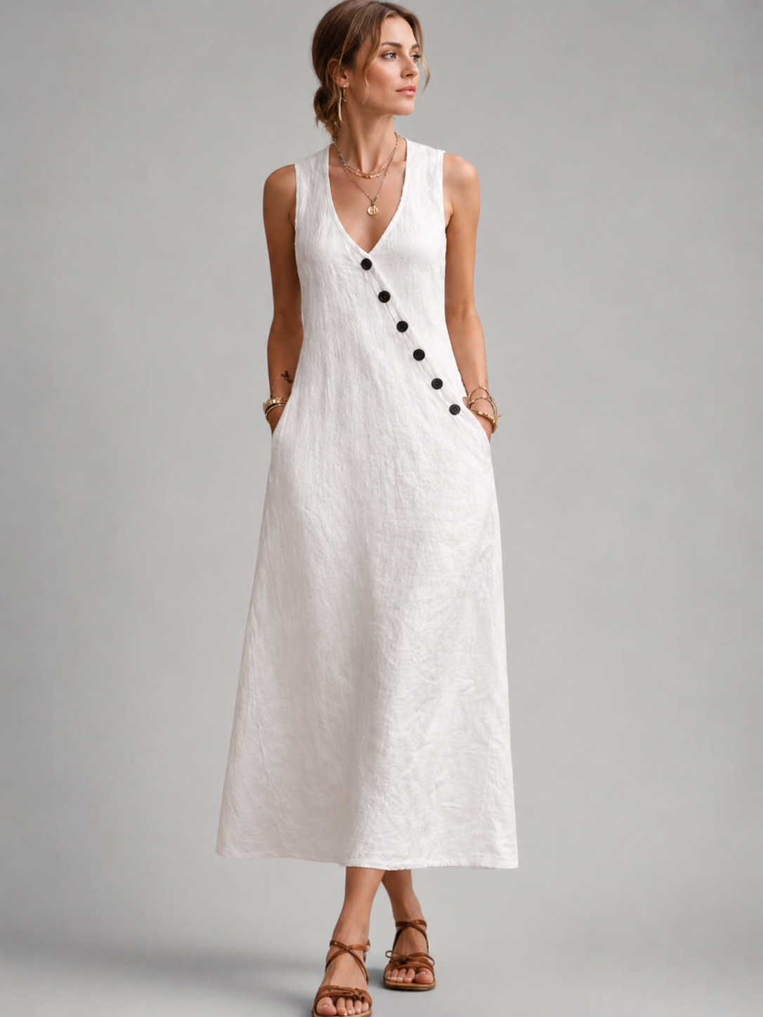 Greta | Maxikleid aus Leinen mit Knopfleiste