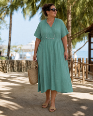Helene Midikleid mit V-Ausschnitt – Salbeigrün