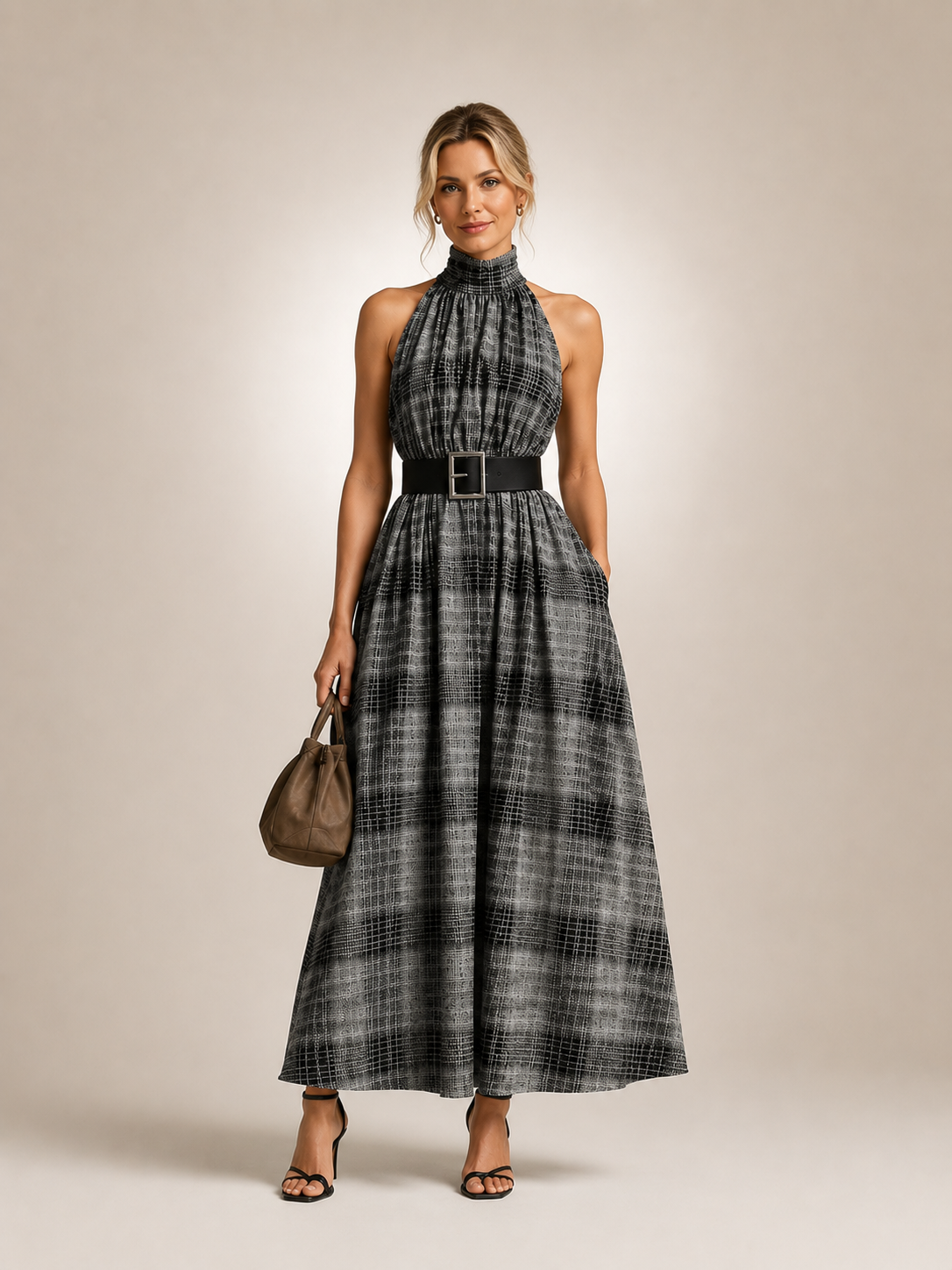 Hedwig | Checked maxi dress with stand-up collar and belt