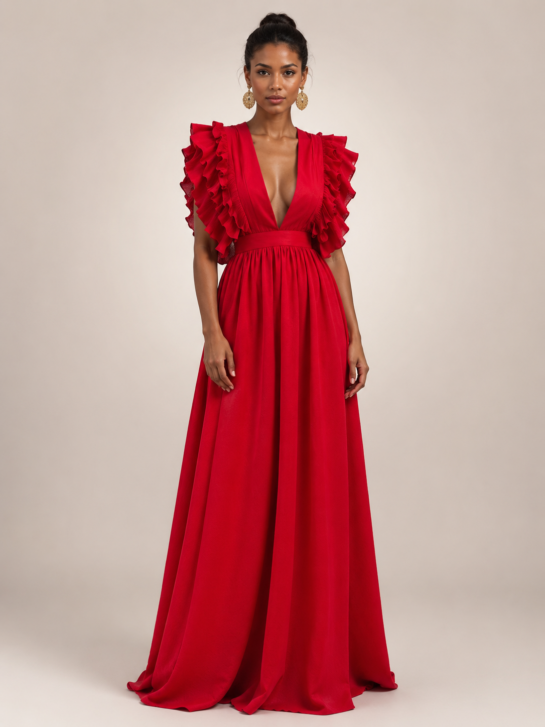 Gerlinde | Backless Maxi Dress with Ruffle Sleeves