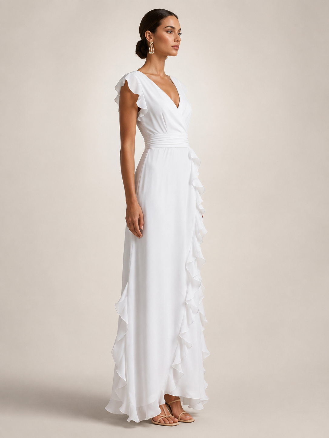 Gerhild | Plissee-Abendkleid mit V-Ausschnitt und kurzen Ärmeln