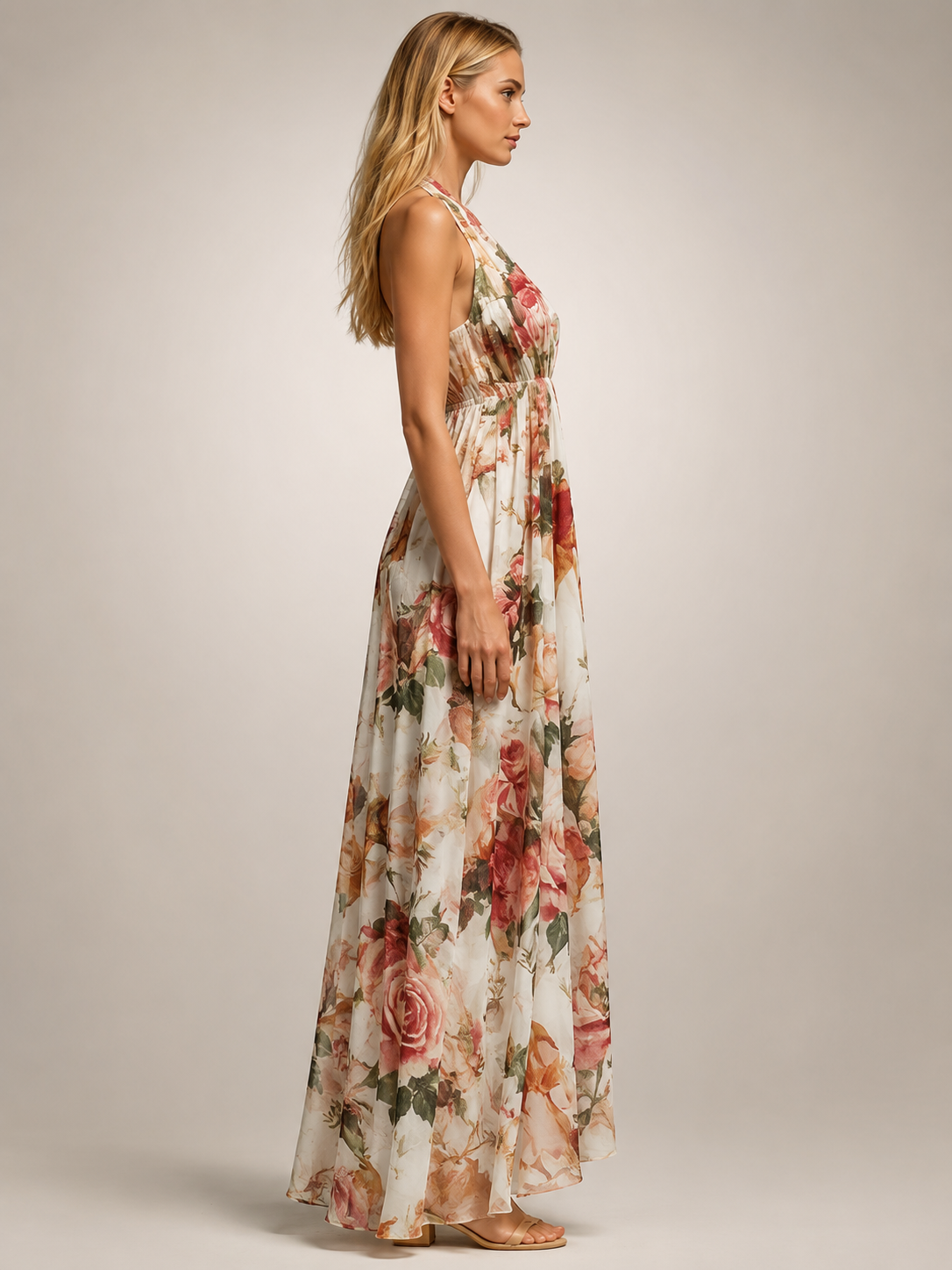 Rosamunde | Boho-Blumendruck Neckholder-Maxikleid