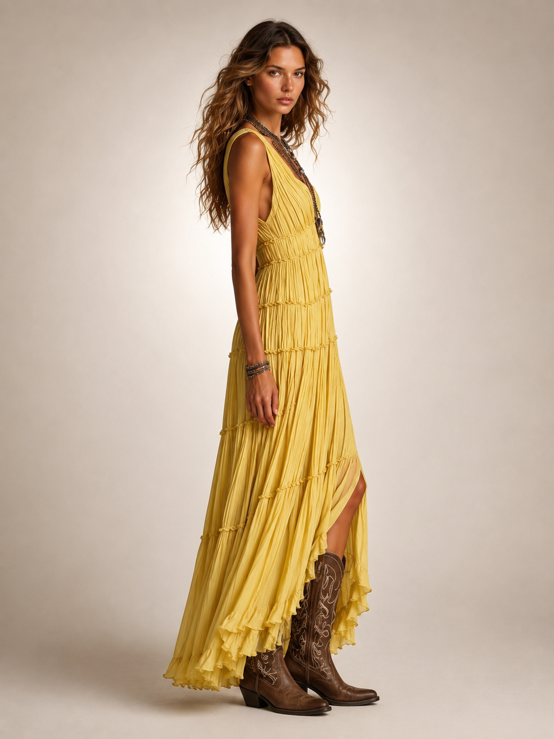 Gundula | Gestuftes Boho-Maxikleid mit V-Ausschnitt