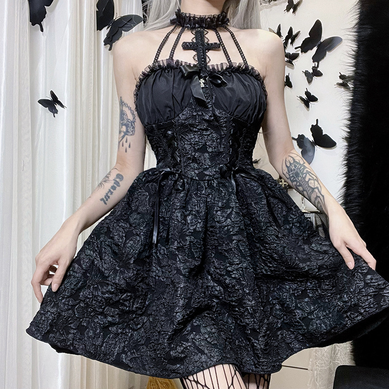 Design Sense Pleated New Dress Cross Hanging Neck Solid Color Fluffy Skirt for Women