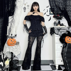 Y2K Gothic Streetwear Lace Mesh Flared Pants Black Sexy Perspective Long Trousers