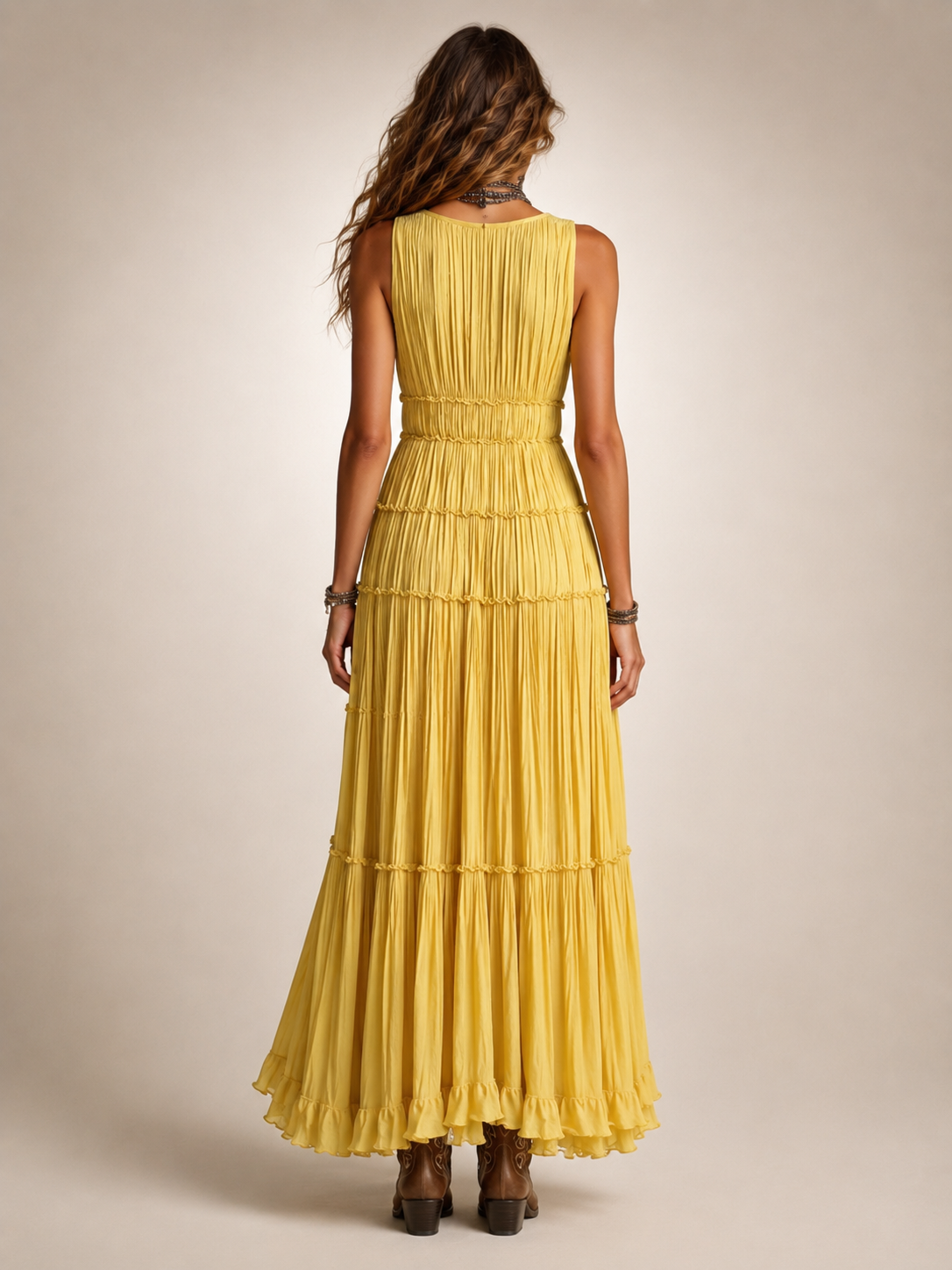 Gundula | Gestuftes Boho-Maxikleid mit V-Ausschnitt