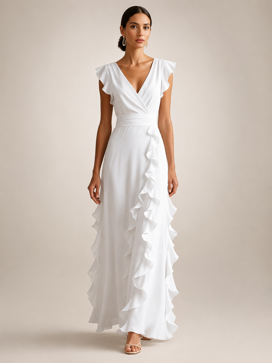 Gerhild | Plissee-Abendkleid mit V-Ausschnitt und kurzen Ärmeln