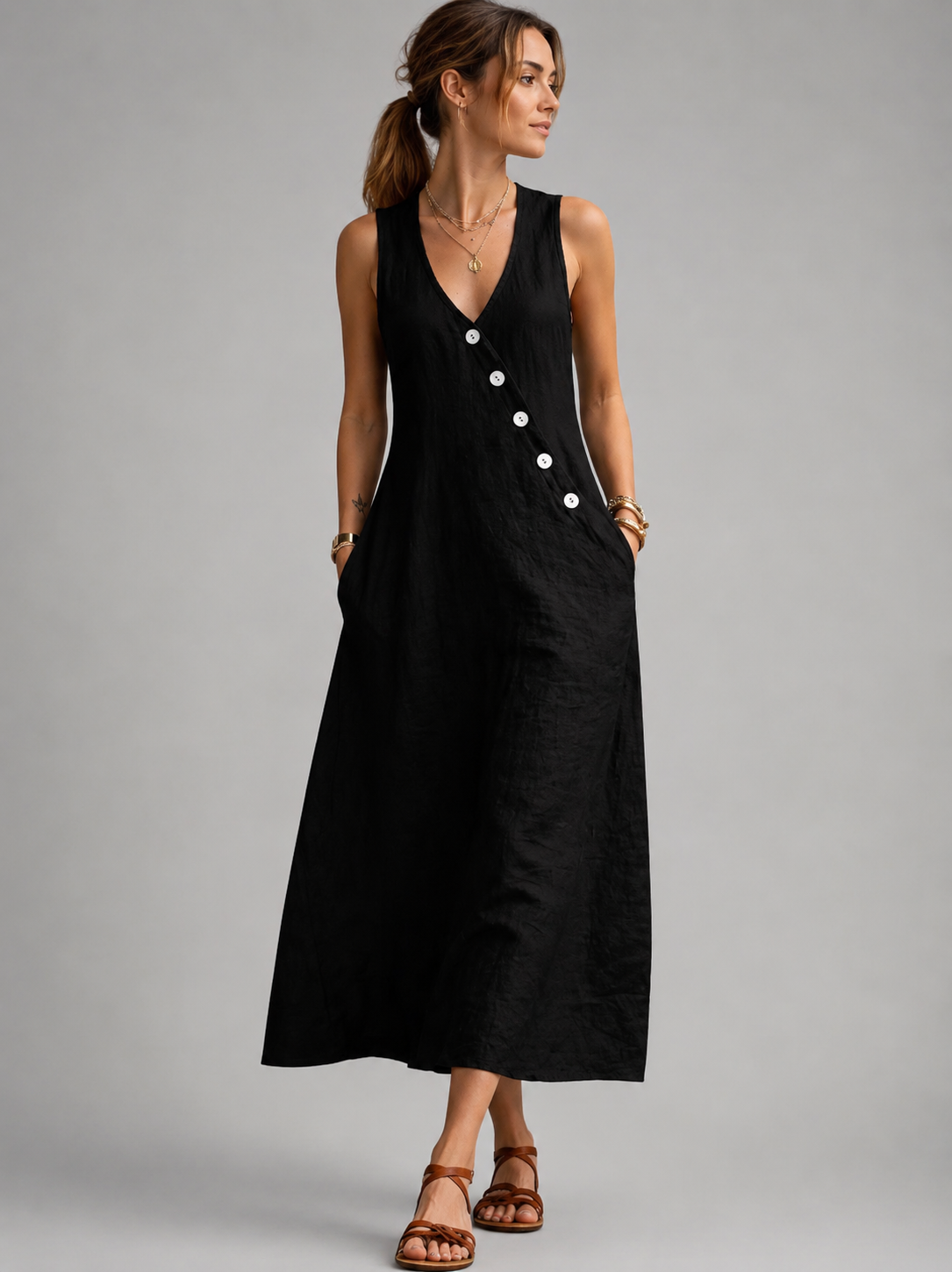 Greta | Maxikleid aus Leinen mit Knopfleiste