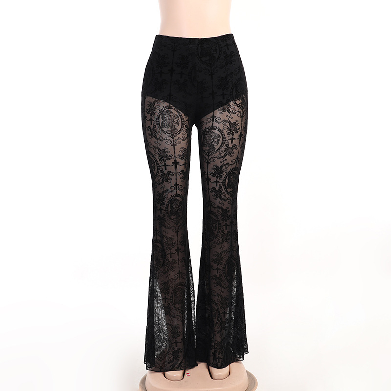 Dark Sexy Slim Fit Flared Pants with Printed Lace High Waisted Pants
