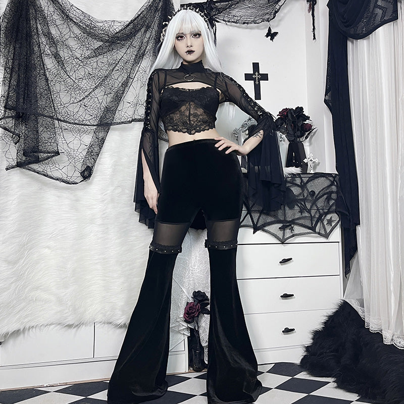 Dark Mesh Spliced Flared Pants Slim Fit and Slimming High Waisted Casual Pants