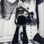 Dark Mesh Spliced Flared Pants Slim Fit and Slimming High Waisted Casual Pants