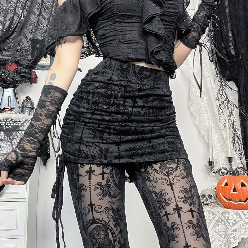 Y2K Gothic Streetwear Lace Mesh Flared Pants Black Sexy Perspective Long Trousers